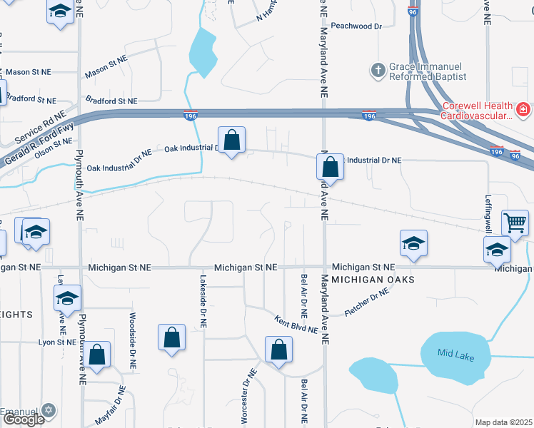 map of restaurants, bars, coffee shops, grocery stores, and more near 489 Somerset Drive Northeast in Grand Rapids