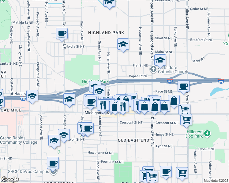map of restaurants, bars, coffee shops, grocery stores, and more near 525 Eastern Avenue Northeast in Grand Rapids