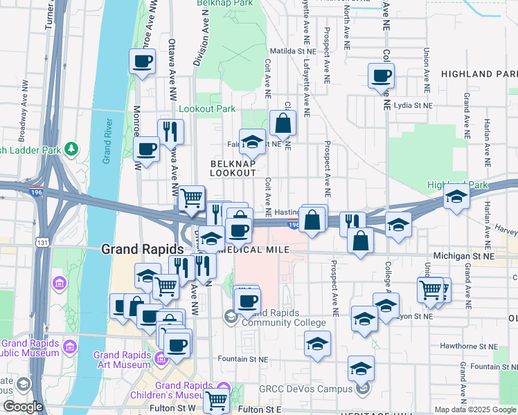 map of restaurants, bars, coffee shops, grocery stores, and more near 129 Hastings Street Northeast in Grand Rapids