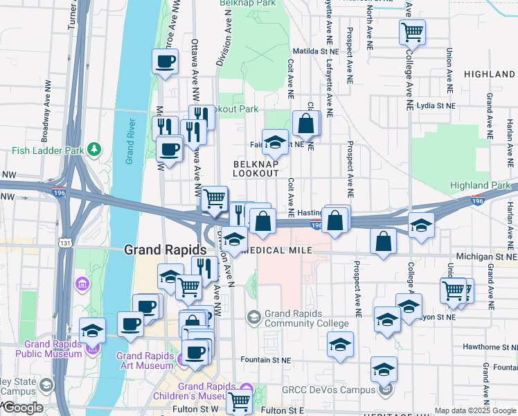 map of restaurants, bars, coffee shops, grocery stores, and more near 49 Hastings Street Northeast in Grand Rapids