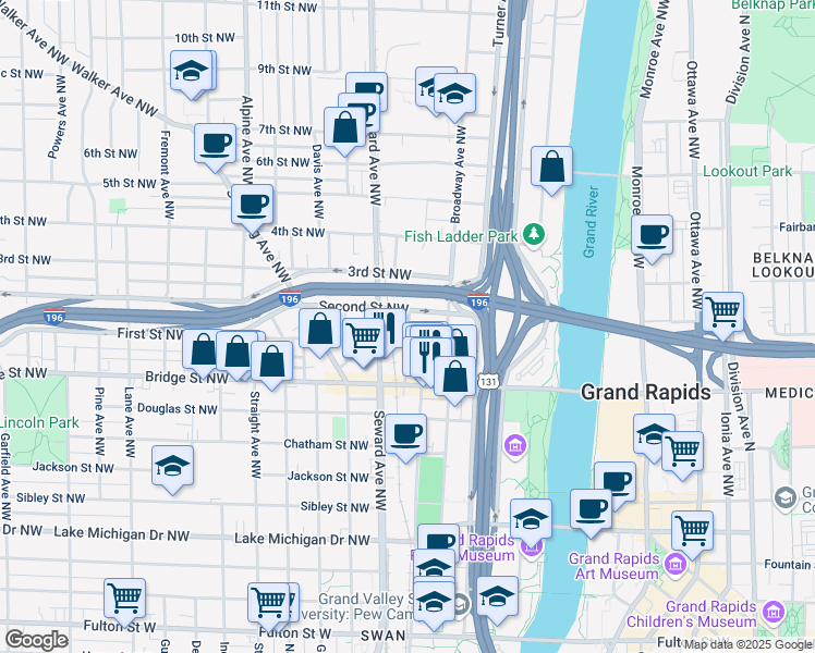 map of restaurants, bars, coffee shops, grocery stores, and more near 500 Alabama Avenue Northwest in Grand Rapids