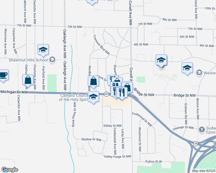 map of restaurants, bars, coffee shops, grocery stores, and more near 412 Winona Avenue Northwest in Grand Rapids