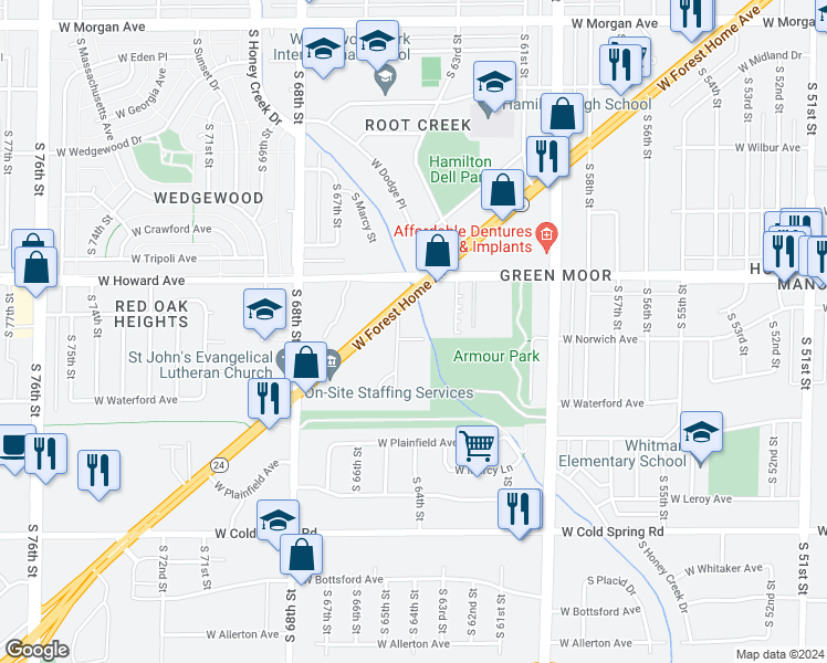 map of restaurants, bars, coffee shops, grocery stores, and more near 6430 West Norwich Avenue in Greenfield