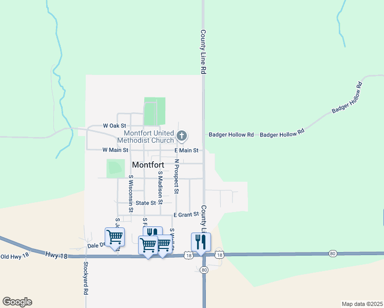 map of restaurants, bars, coffee shops, grocery stores, and more near 402 East Park Street in Montfort