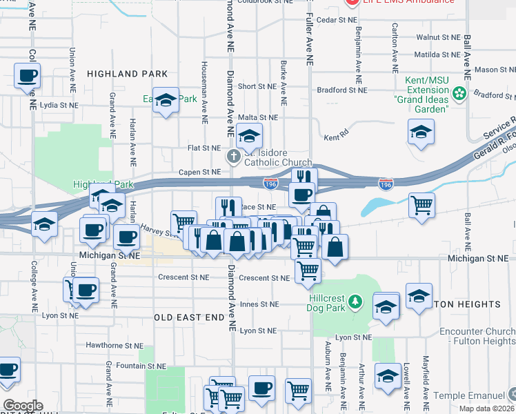 map of restaurants, bars, coffee shops, grocery stores, and more near Spring Ave NE & Race St NE in Grand Rapids