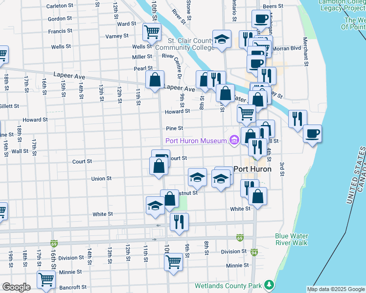 map of restaurants, bars, coffee shops, grocery stores, and more near 1113 9th Street in Port Huron