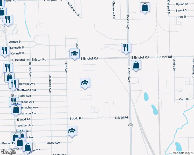 map of restaurants, bars, coffee shops, grocery stores, and more near 2388 East Bergin Avenue in Burton