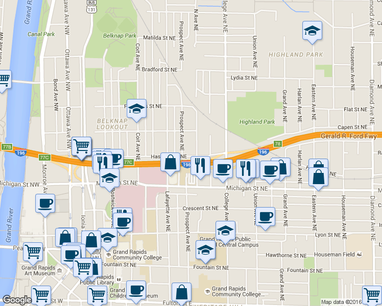 map of restaurants, bars, coffee shops, grocery stores, and more near 349 Hastings Street Northeast in Grand Rapids