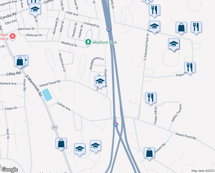 map of restaurants, bars, coffee shops, grocery stores, and more near 47 Pinebrook Place in Manchester