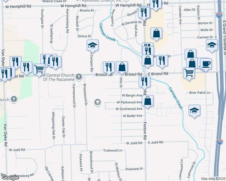 map of restaurants, bars, coffee shops, grocery stores, and more near 1112 West Bergin Avenue in Flint