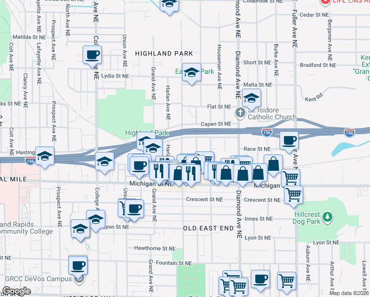 map of restaurants, bars, coffee shops, grocery stores, and more near 525 Eastern Avenue Northeast in Grand Rapids
