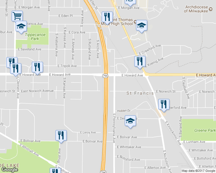 map of restaurants, bars, coffee shops, grocery stores, and more near 2314 East Norwich Avenue in Saint Francis