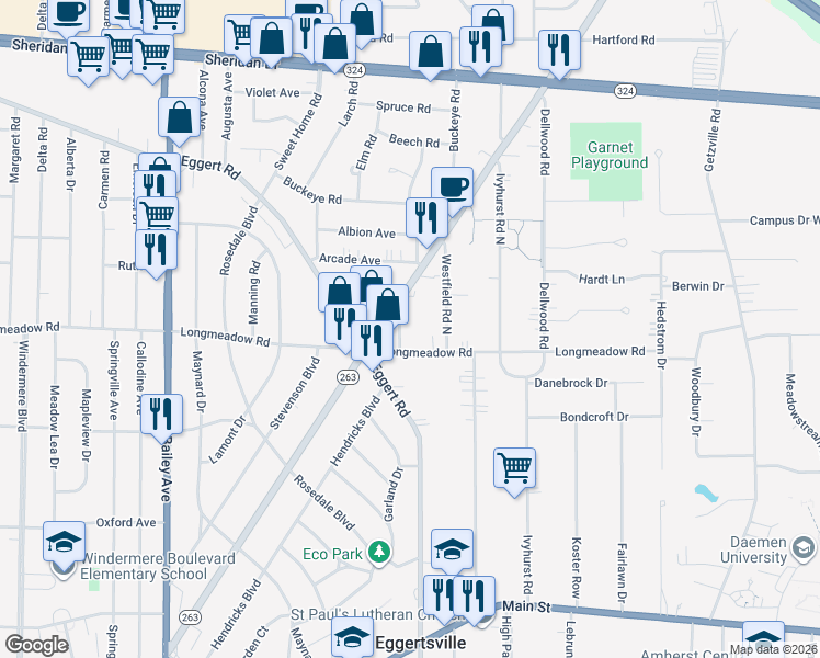 map of restaurants, bars, coffee shops, grocery stores, and more near 514 Longmeadow Road in Buffalo