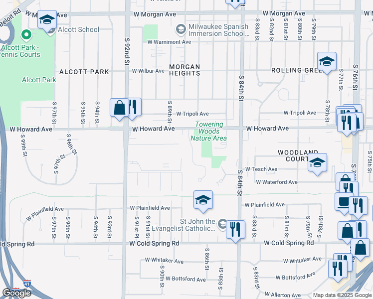 map of restaurants, bars, coffee shops, grocery stores, and more near 3933 South Prairie Hill Lane in Greenfield