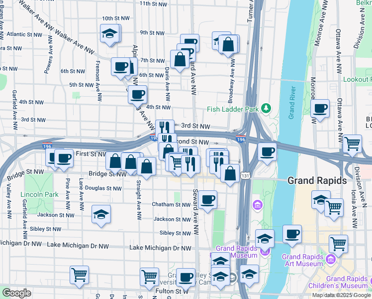 map of restaurants, bars, coffee shops, grocery stores, and more near 601 First Street Northwest in Grand Rapids