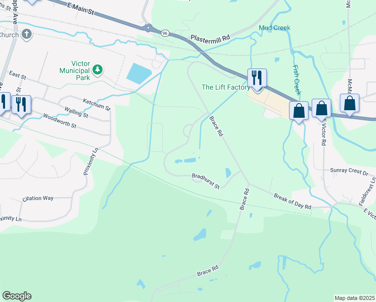map of restaurants, bars, coffee shops, grocery stores, and more near 6614 Bradhurst Street in Victor