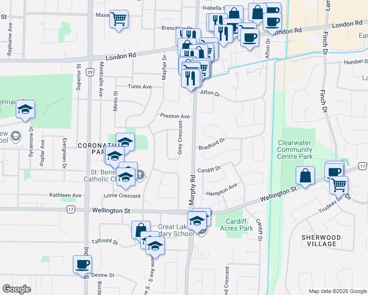 map of restaurants, bars, coffee shops, grocery stores, and more near 97 Grey Crescent in Sarnia