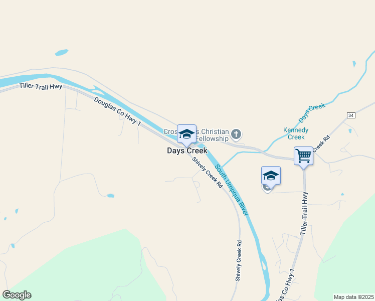 map of restaurants, bars, coffee shops, grocery stores, and more near in Days Creek