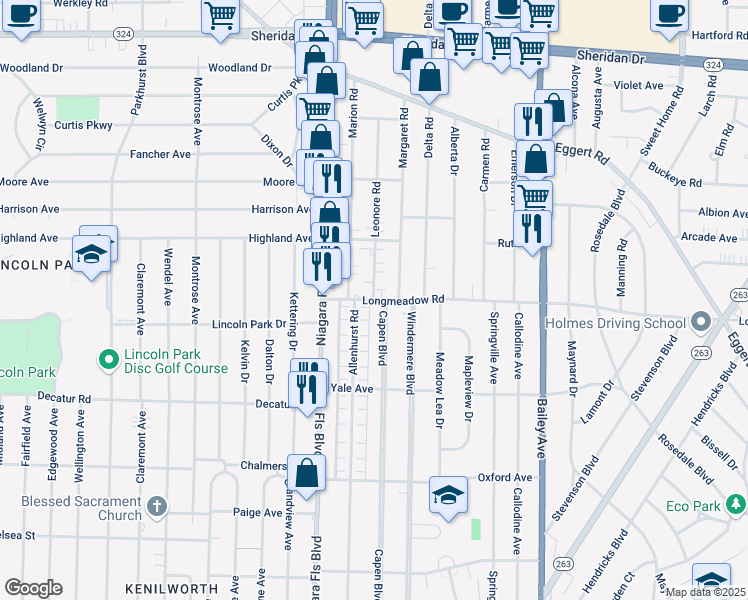 map of restaurants, bars, coffee shops, grocery stores, and more near Longmeadow Road & Leonore Road in Buffalo