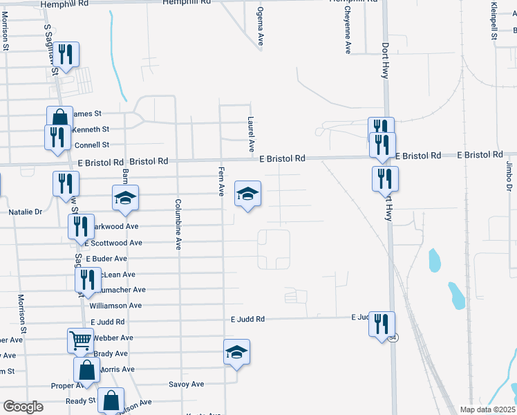 map of restaurants, bars, coffee shops, grocery stores, and more near 2327 East Parkwood Avenue in Burton
