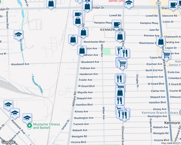 map of restaurants, bars, coffee shops, grocery stores, and more near 164 Henderson Avenue in Buffalo