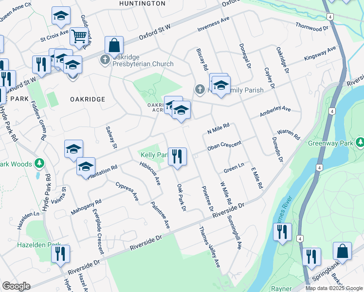 map of restaurants, bars, coffee shops, grocery stores, and more near 509 Oak Park Drive in London