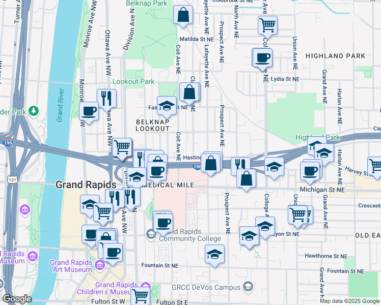 map of restaurants, bars, coffee shops, grocery stores, and more near 224 Hastings Street Northeast in Grand Rapids