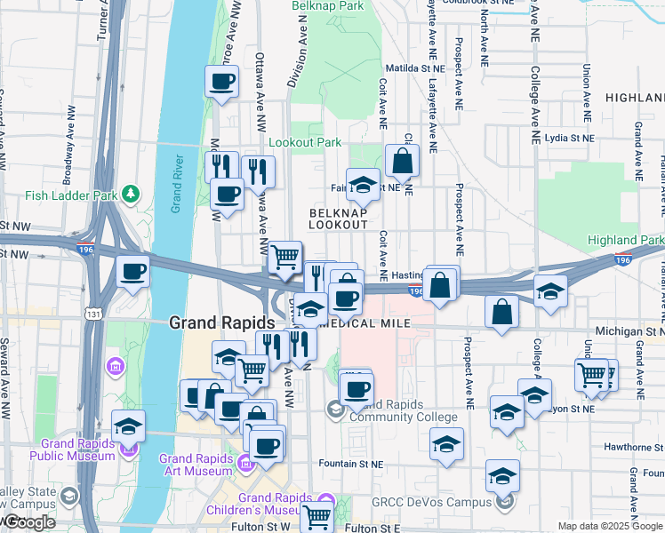 map of restaurants, bars, coffee shops, grocery stores, and more near 49 Hastings Street Northeast in Grand Rapids