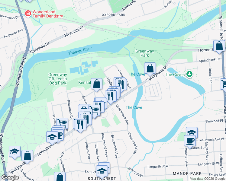 map of restaurants, bars, coffee shops, grocery stores, and more near 179 Wildwood Avenue in London
