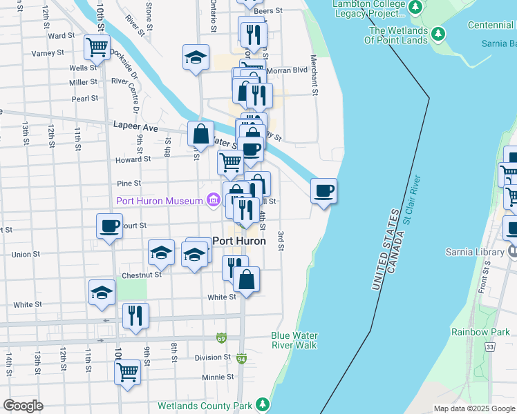 map of restaurants, bars, coffee shops, grocery stores, and more near 1101 4th Street in Port Huron