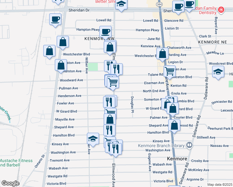 map of restaurants, bars, coffee shops, grocery stores, and more near 2740 Elmwood Avenue in Kenmore