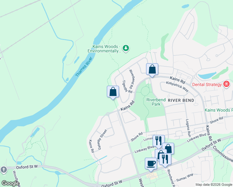 map of restaurants, bars, coffee shops, grocery stores, and more near 1999 Riverbend Road in London