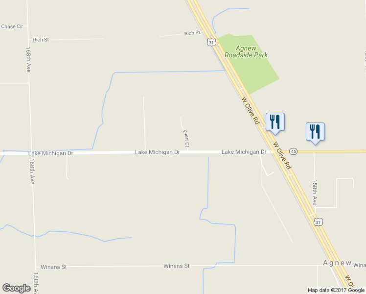 map of restaurants, bars, coffee shops, grocery stores, and more near 16245 Lake Michigan Drive in West Olive