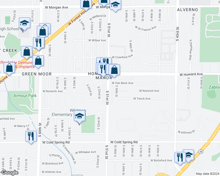 map of restaurants, bars, coffee shops, grocery stores, and more near 3966 South 51st Street in Milwaukee