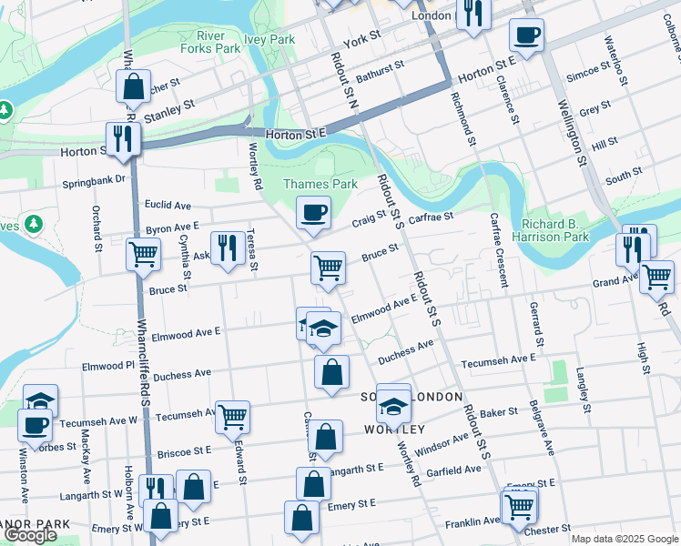 map of restaurants, bars, coffee shops, grocery stores, and more near 162 Wortley Road in London
