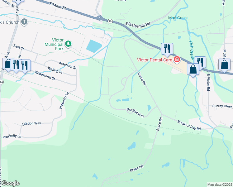 map of restaurants, bars, coffee shops, grocery stores, and more near 6614 Bradhurst Street in Victor