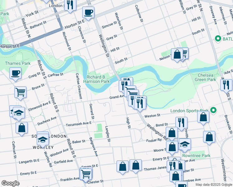 map of restaurants, bars, coffee shops, grocery stores, and more near 120 Grand Avenue in London