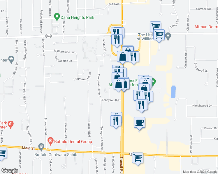 map of restaurants, bars, coffee shops, grocery stores, and more near 49 Tennyson Terrace in Buffalo