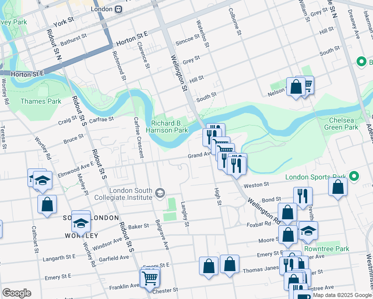 map of restaurants, bars, coffee shops, grocery stores, and more near 102 Grand Avenue in London