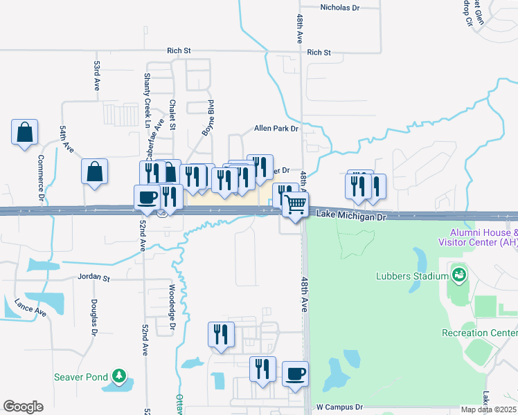 map of restaurants, bars, coffee shops, grocery stores, and more near University Parkway in Allendale Charter Township