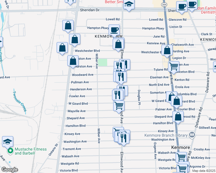 map of restaurants, bars, coffee shops, grocery stores, and more near 42 Henderson Avenue in Buffalo
