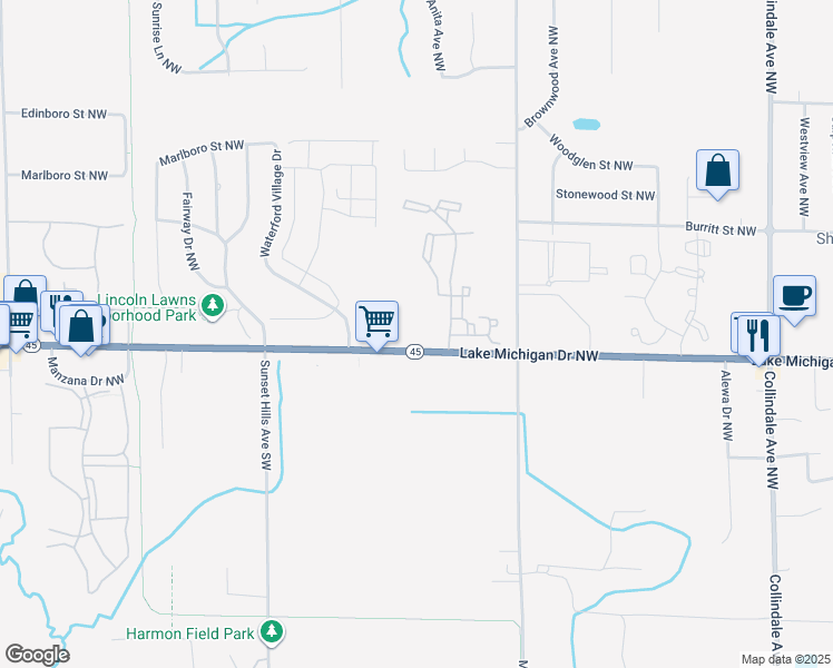 map of restaurants, bars, coffee shops, grocery stores, and more near 3333 Lake Michigan Drive in Grand Rapids