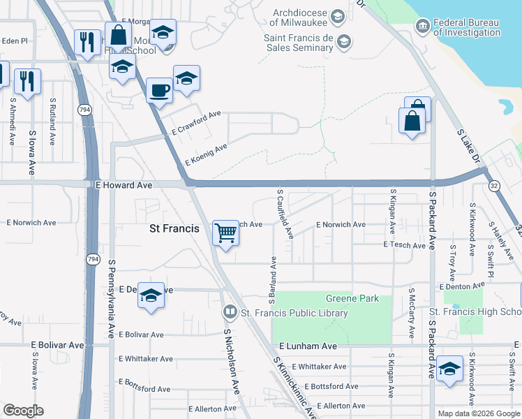 map of restaurants, bars, coffee shops, grocery stores, and more near 3120 East Norwich Avenue in Saint Francis