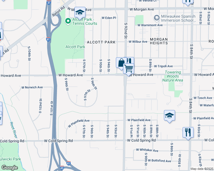 map of restaurants, bars, coffee shops, grocery stores, and more near 3939 South 92nd Street in Greenfield