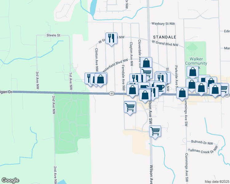 map of restaurants, bars, coffee shops, grocery stores, and more near 424 Macomb Avenue Northwest in Walker
