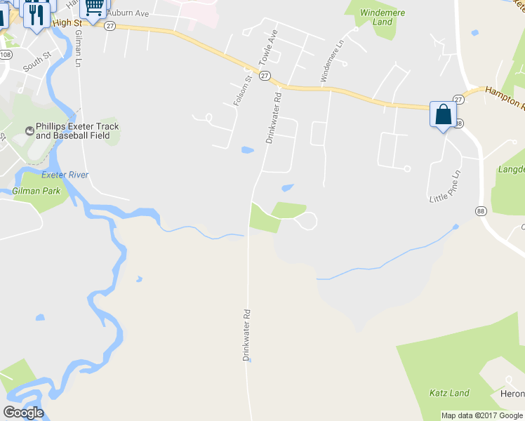 map of restaurants, bars, coffee shops, grocery stores, and more near 15 Prentiss Way in Exeter