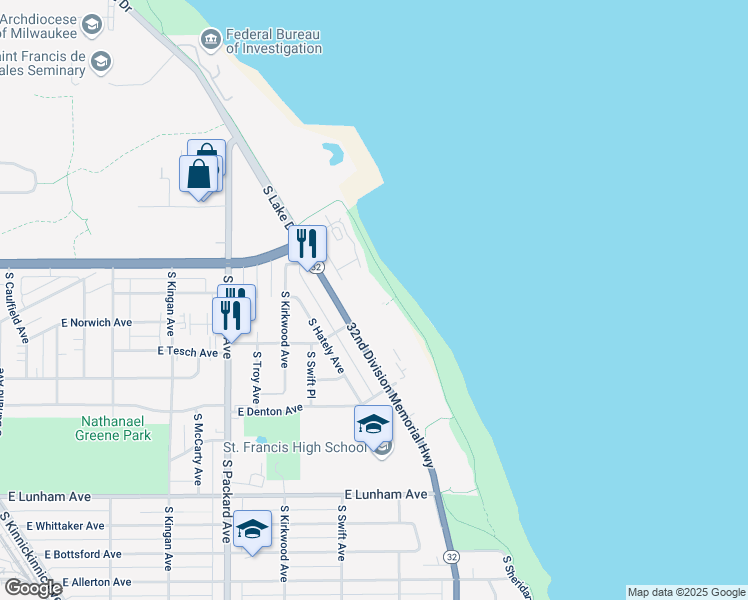 map of restaurants, bars, coffee shops, grocery stores, and more near 4000 South Lake Drive in Saint Francis