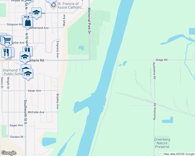 map of restaurants, bars, coffee shops, grocery stores, and more near Seaway Service Road in Welland