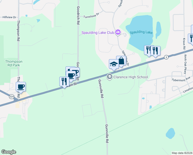 map of restaurants, bars, coffee shops, grocery stores, and more near 9515 Main Street in Clarence