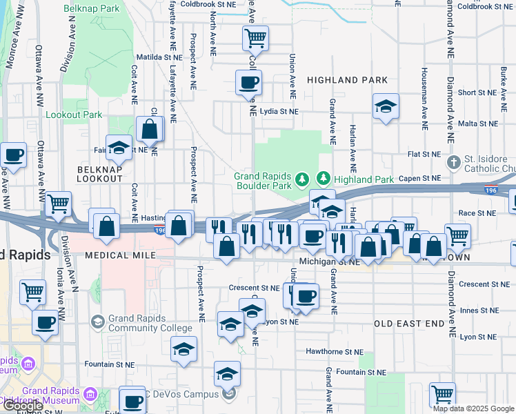 map of restaurants, bars, coffee shops, grocery stores, and more near 510 College Avenue Northeast in Grand Rapids